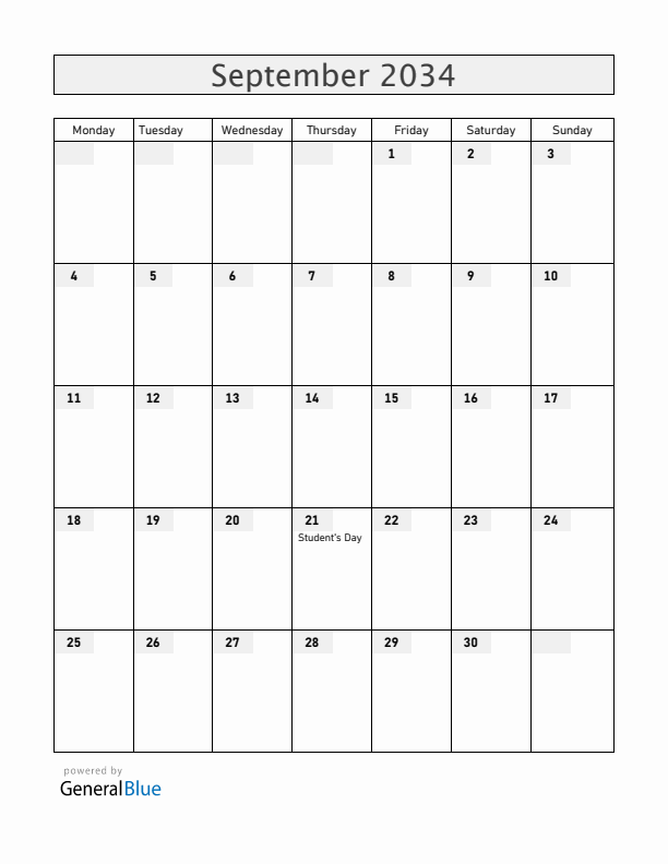 Bolivia September 2034 Calendar with Holidays