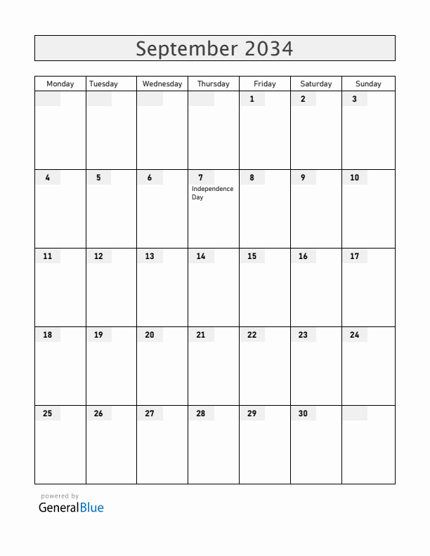 Brazil September 2034 Calendar with Holidays