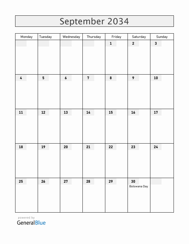 Botswana September 2034 Calendar with Holidays