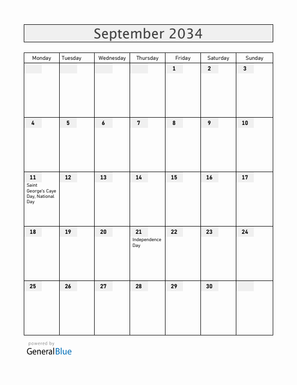 Belize September 2034 Calendar with Holidays
