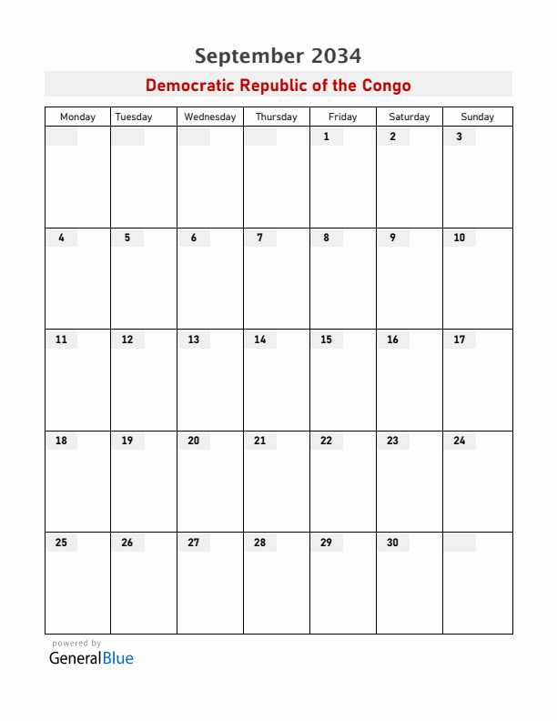 Democratic Republic of the Congo September 2034 Calendar with Holidays
