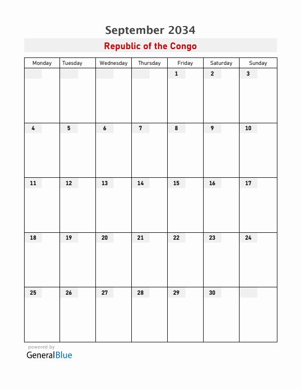 Republic of the Congo September 2034 Calendar with Holidays