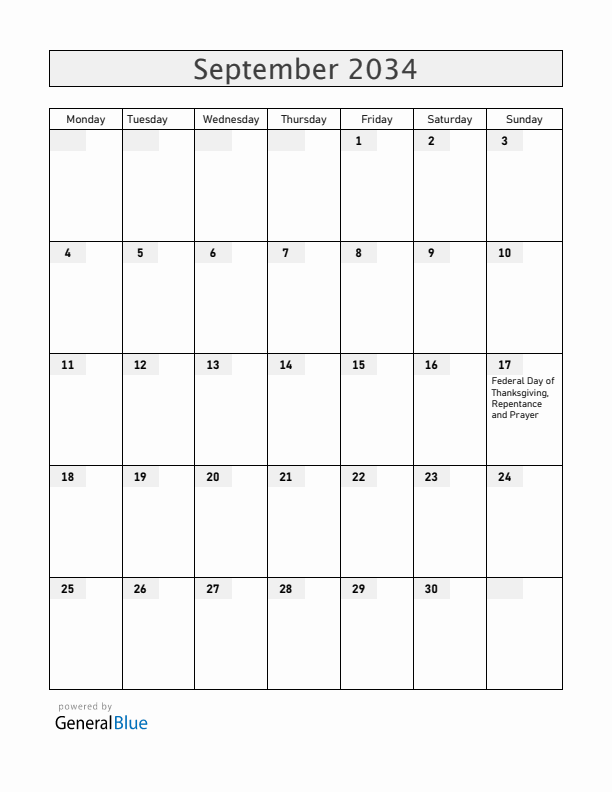 Switzerland September 2034 Calendar with Holidays