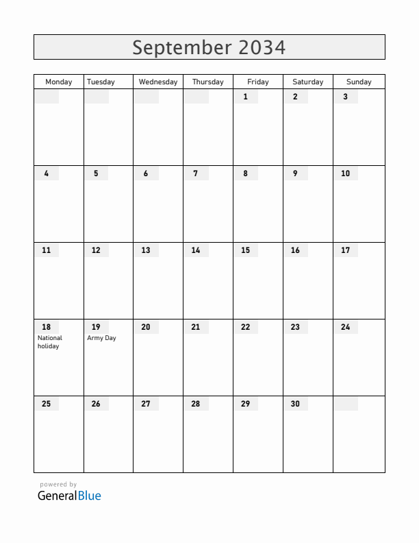 Chile September 2034 Calendar with Holidays