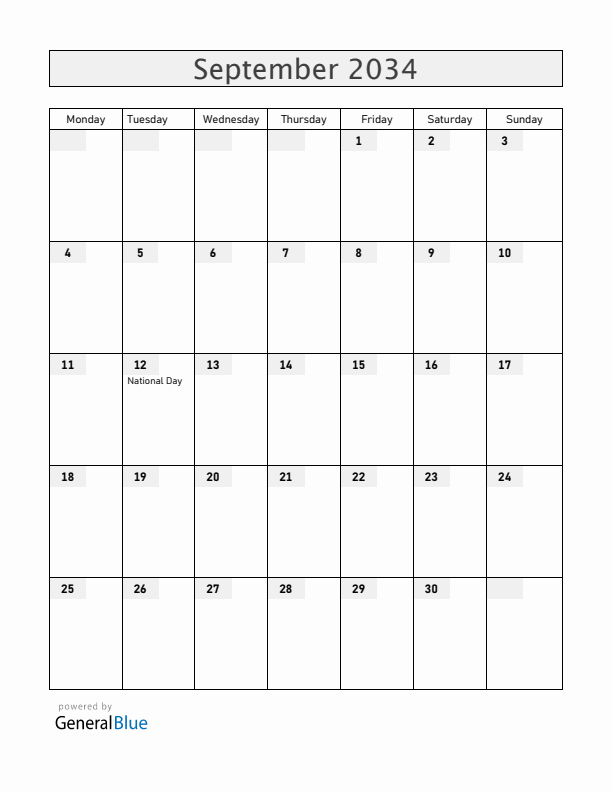 Cabo Verde September 2034 Calendar with Holidays