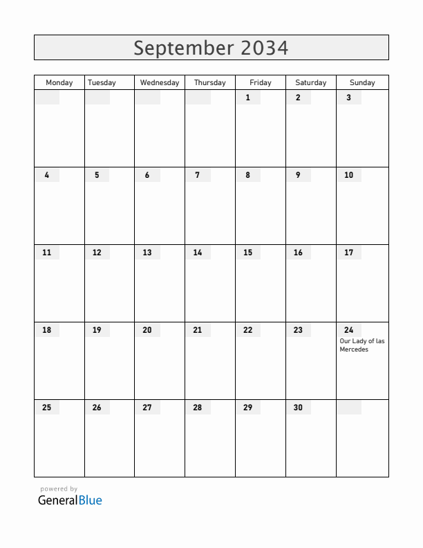Dominican Republic September 2034 Calendar with Holidays