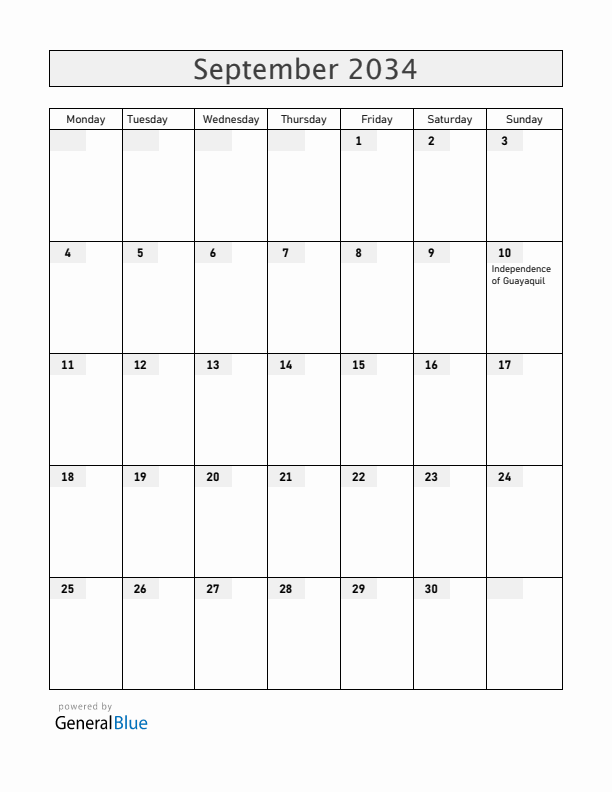 Ecuador September 2034 Calendar with Holidays