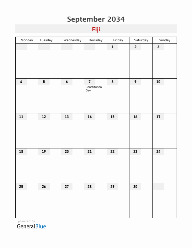 Fiji September 2034 Calendar with Holidays