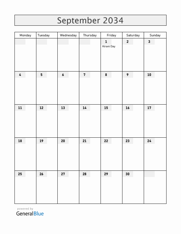 Grenada September 2034 Calendar with Holidays