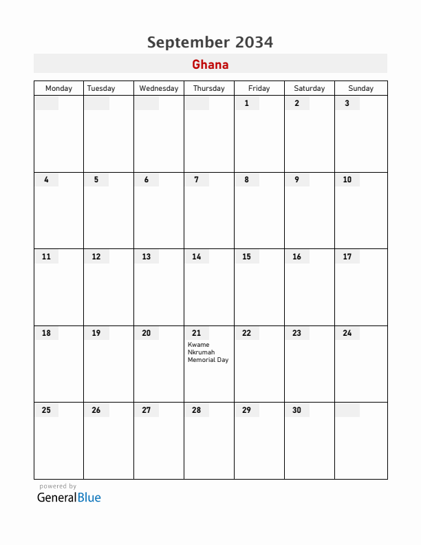 Ghana September 2034 Calendar with Holidays