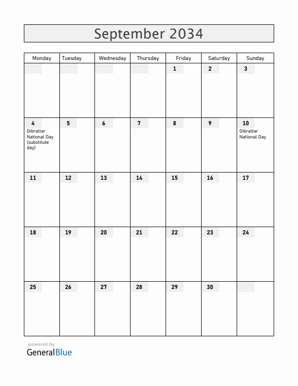 Gibraltar September 2034 Calendar with Holidays