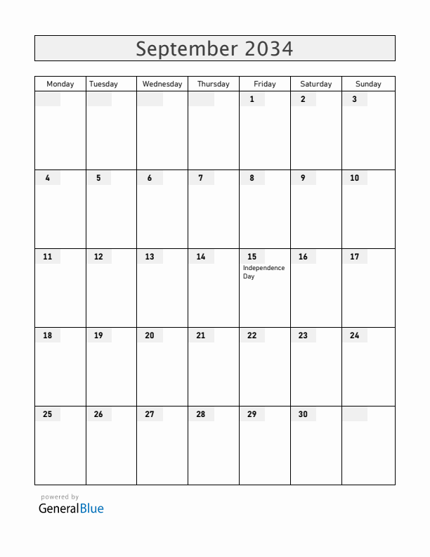 Guatemala September 2034 Calendar with Holidays
