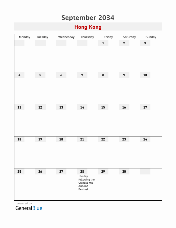 Hong Kong September 2034 Calendar with Holidays