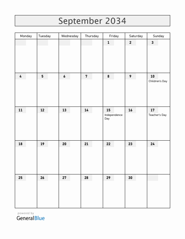 Honduras September 2034 Calendar with Holidays