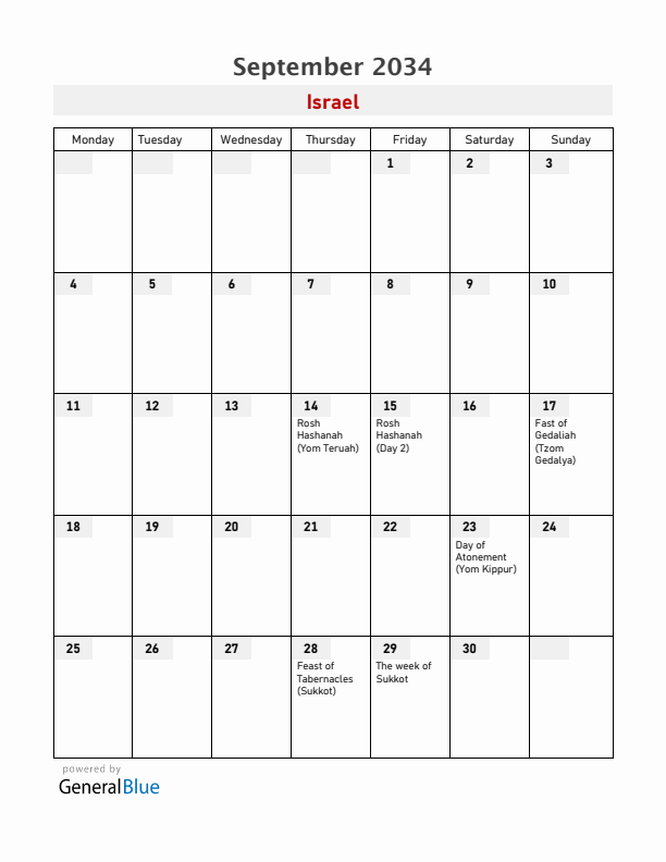 Israel September 2034 Calendar with Holidays