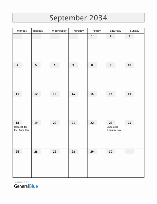 Japan September 2034 Calendar with Holidays