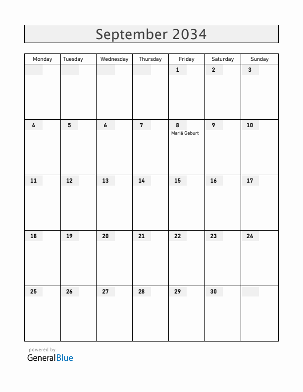 Liechtenstein September 2034 Calendar with Holidays