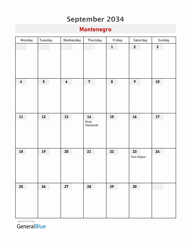 Montenegro September 2034 Calendar with Holidays