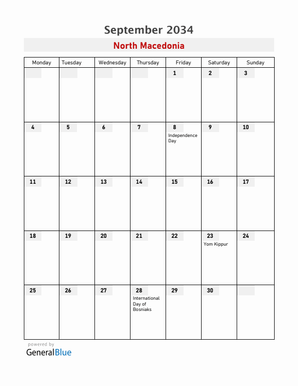 North Macedonia September 2034 Calendar with Holidays