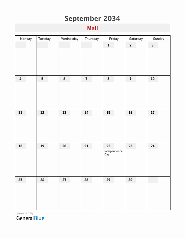 Mali September 2034 Calendar with Holidays