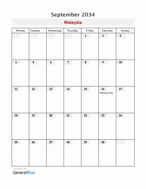 Malaysia September 2034 Calendar with Holidays