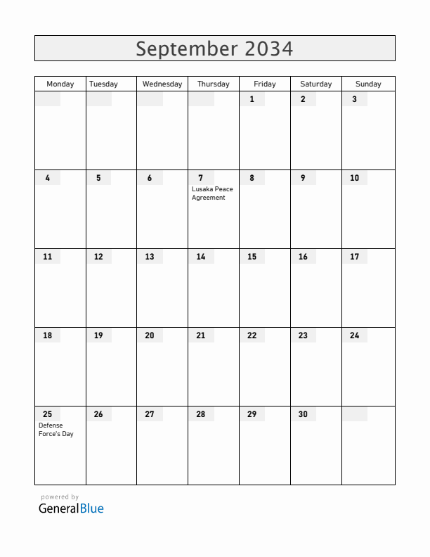 Mozambique September 2034 Calendar with Holidays