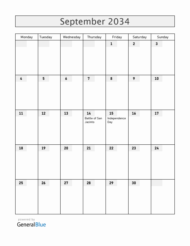Nicaragua September 2034 Calendar with Holidays