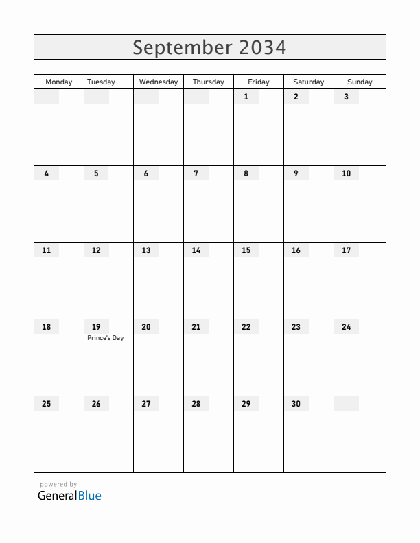 The Netherlands September 2034 Calendar with Holidays