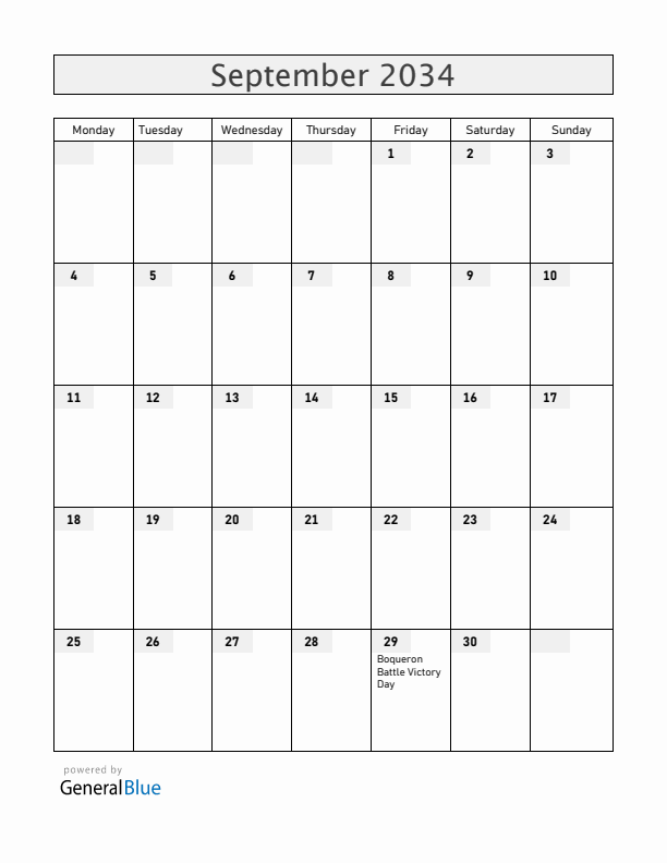 Paraguay September 2034 Calendar with Holidays