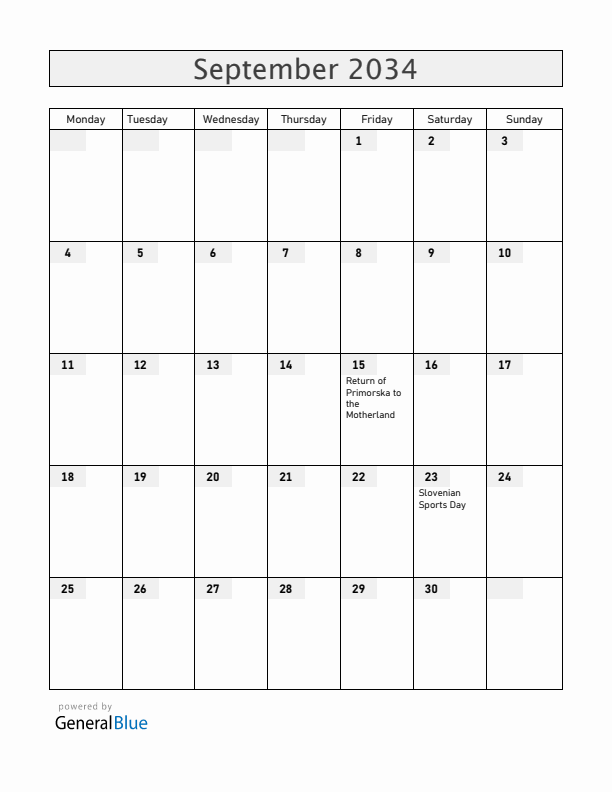 Slovenia September 2034 Calendar with Holidays