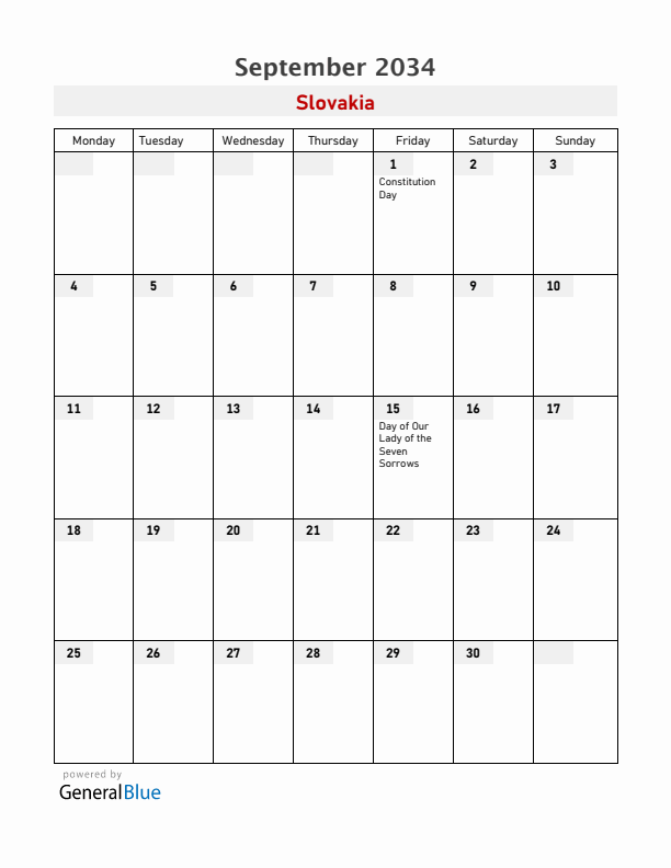 Slovakia September 2034 Calendar with Holidays