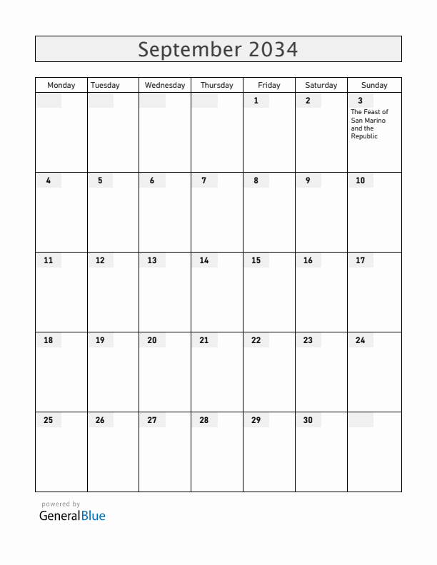 San Marino September 2034 Calendar with Holidays