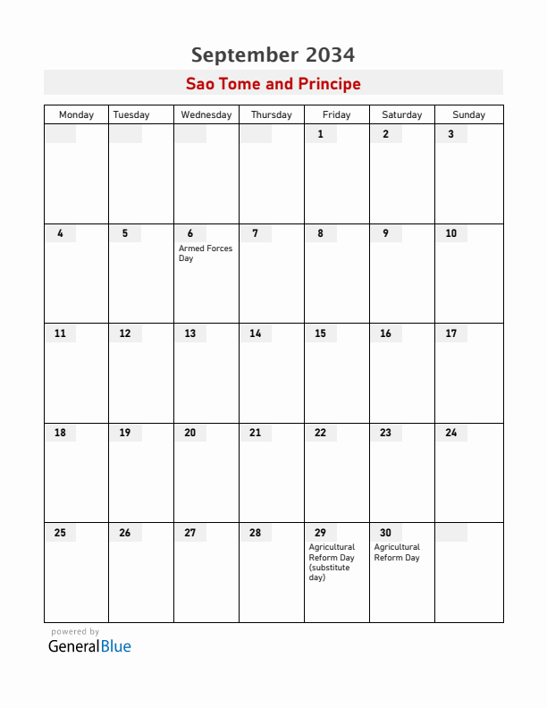 Sao Tome and Principe September 2034 Calendar with Holidays
