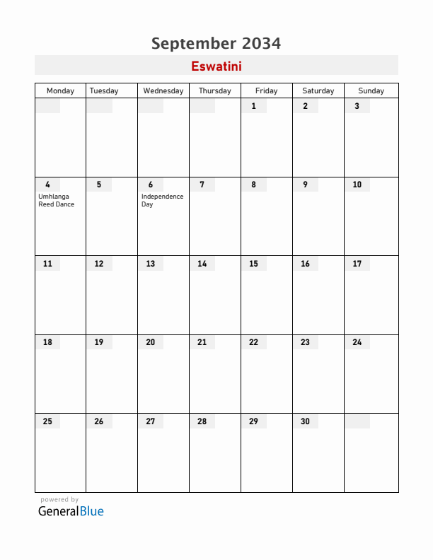 Eswatini September 2034 Calendar with Holidays