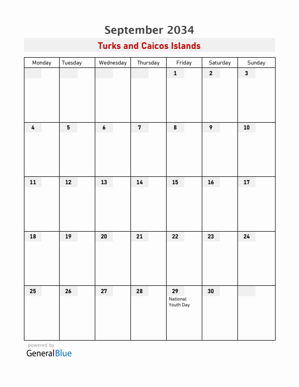 Turks and Caicos Islands September 2034 Calendar with Holidays