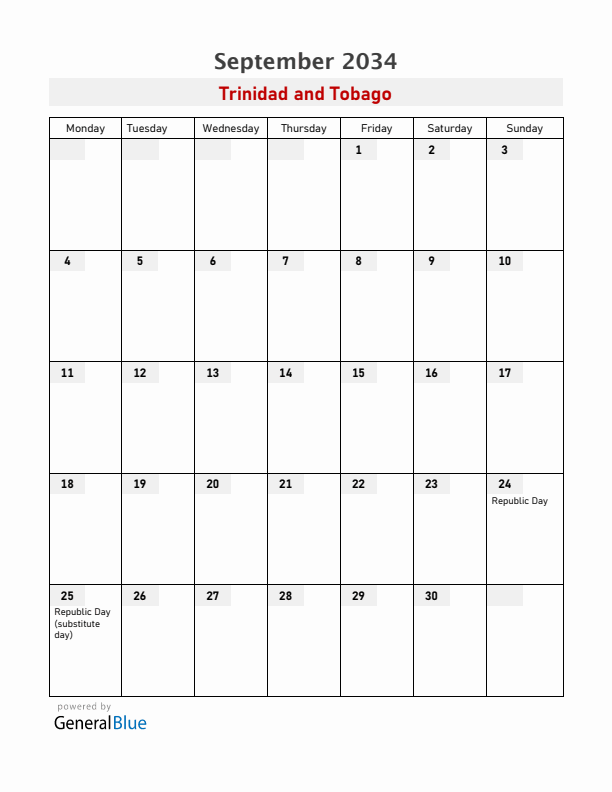 Trinidad and Tobago September 2034 Calendar with Holidays