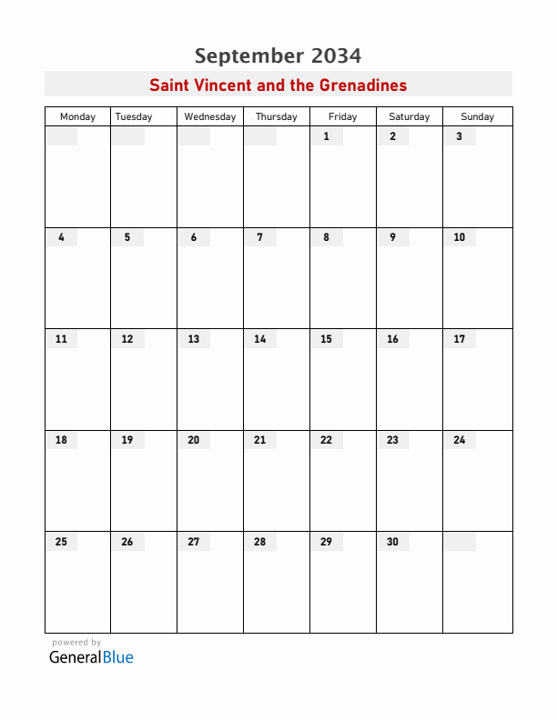 Saint Vincent and the Grenadines September 2034 Calendar with Holidays