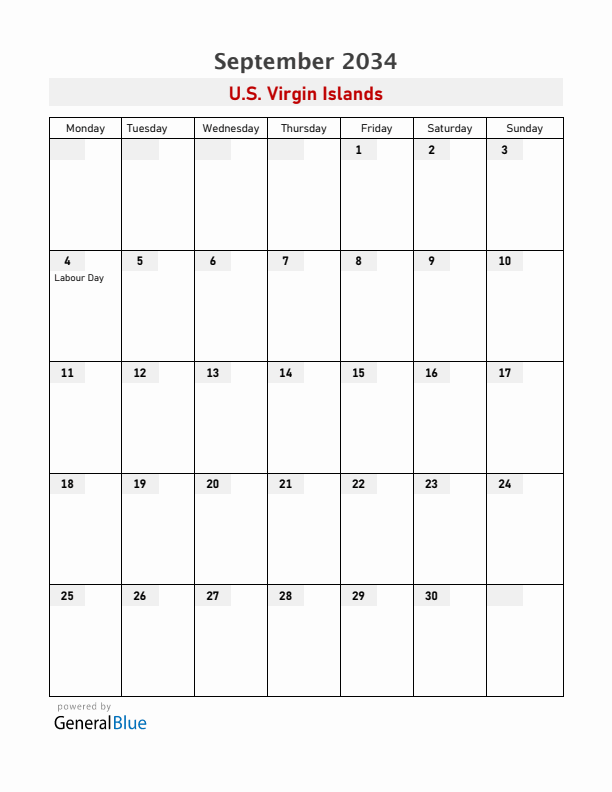 U.S. Virgin Islands September 2034 Calendar with Holidays