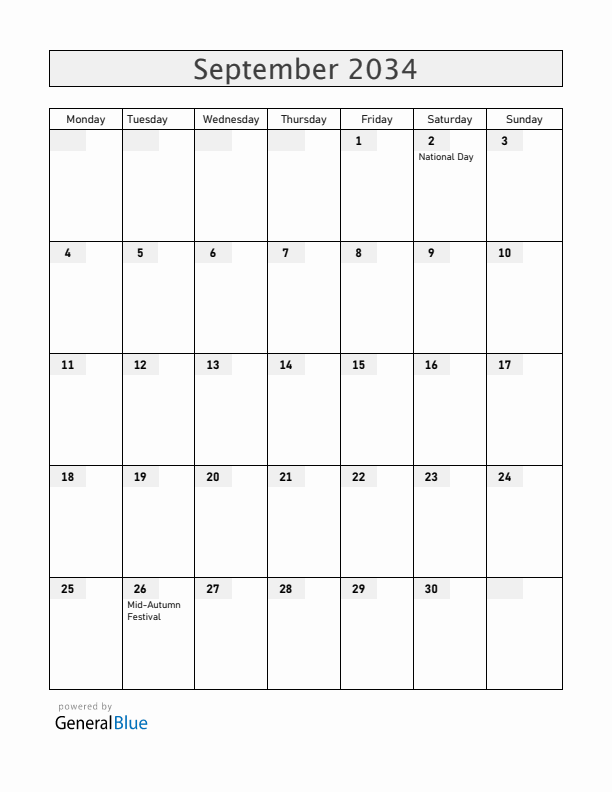 Vietnam September 2034 Calendar with Holidays