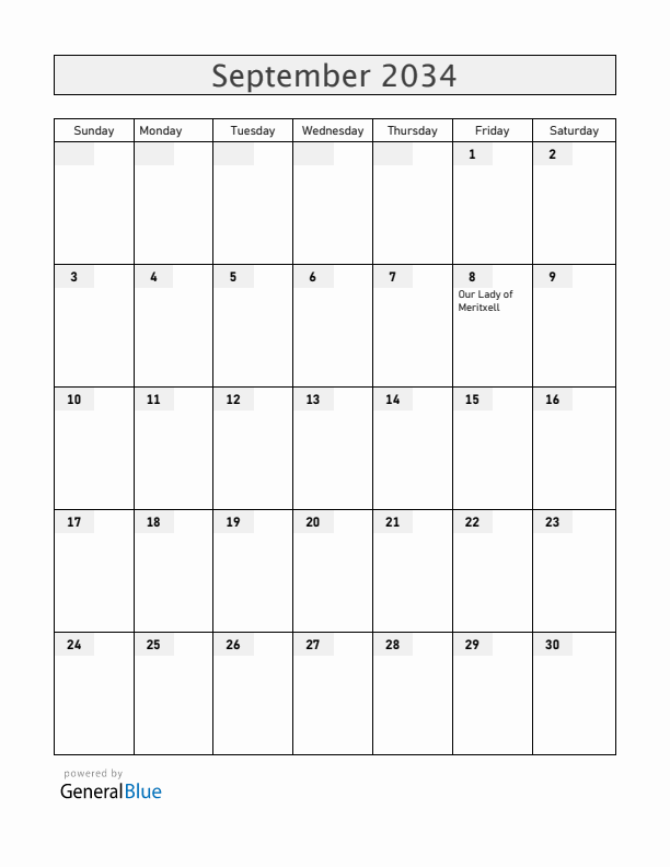 Andorra September 2034 Calendar with Holidays