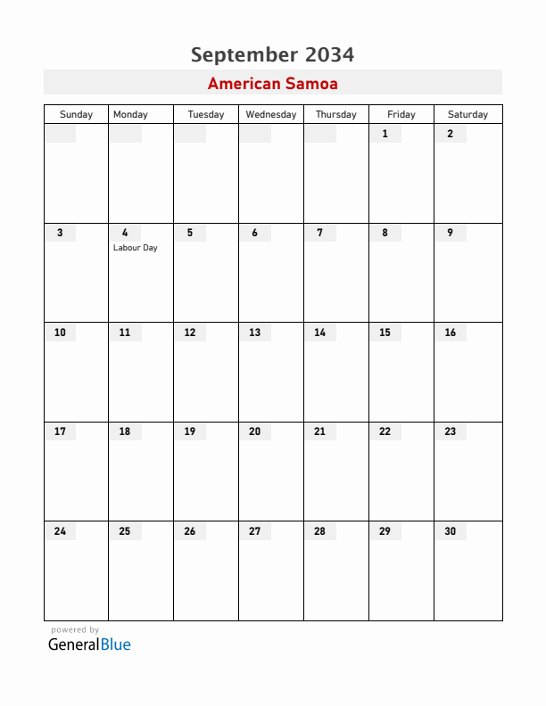 American Samoa September 2034 Calendar with Holidays