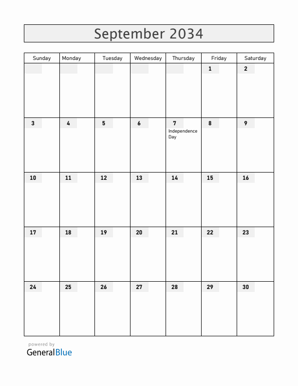 Brazil September 2034 Calendar with Holidays