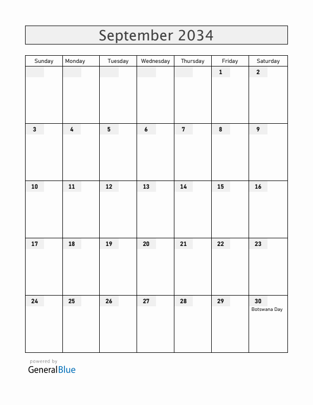Botswana September 2034 Calendar with Holidays