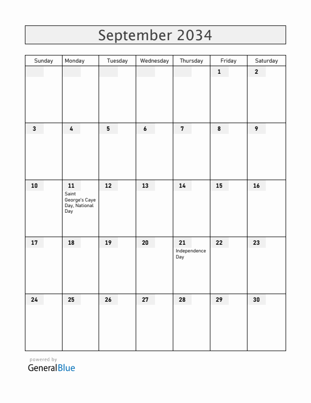 Belize September 2034 Calendar with Holidays