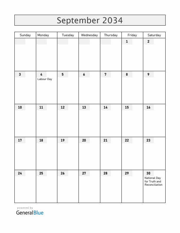 Canada September 2034 Calendar with Holidays