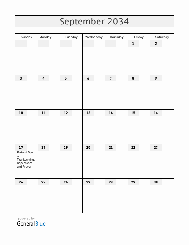 Switzerland September 2034 Calendar with Holidays