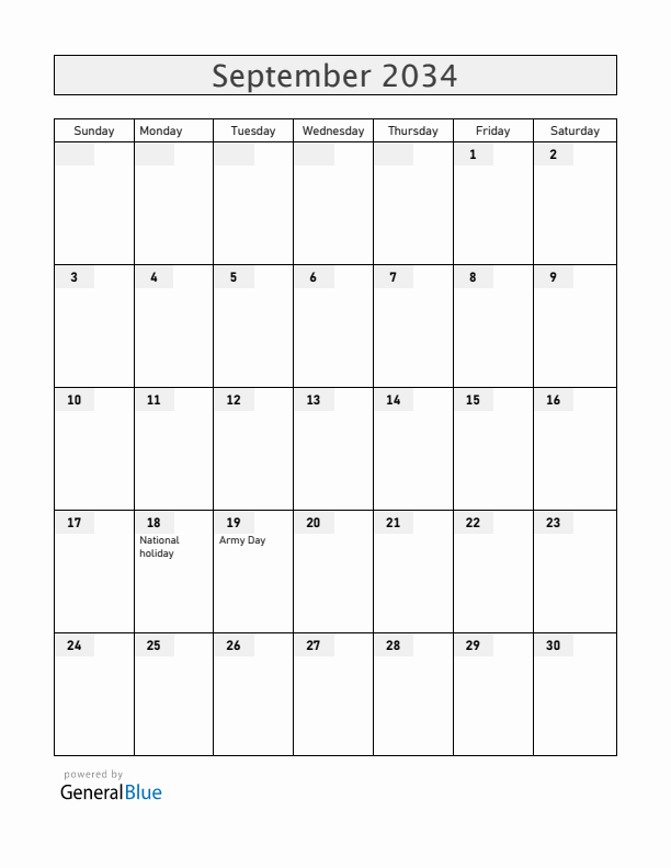 Chile September 2034 Calendar with Holidays