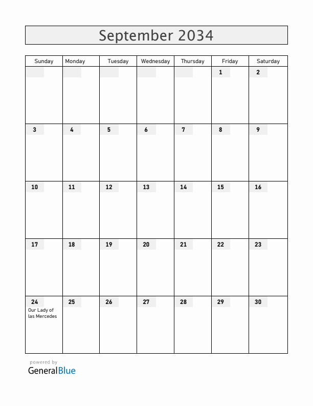 Dominican Republic September 2034 Calendar with Holidays