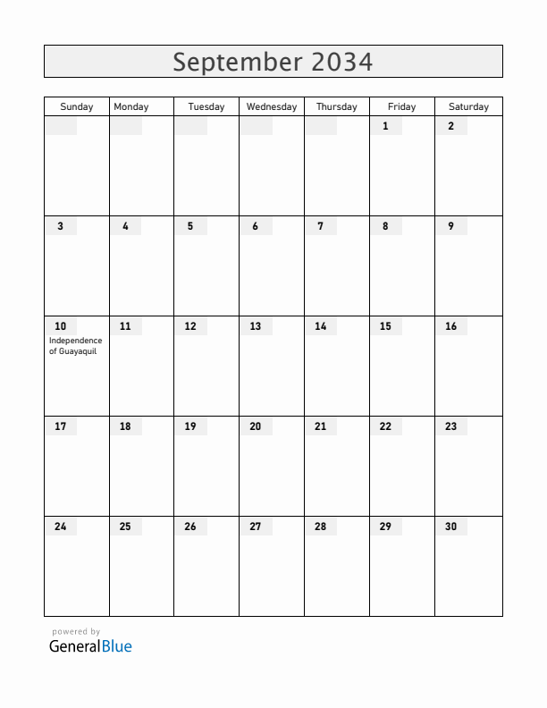 Ecuador September 2034 Calendar with Holidays