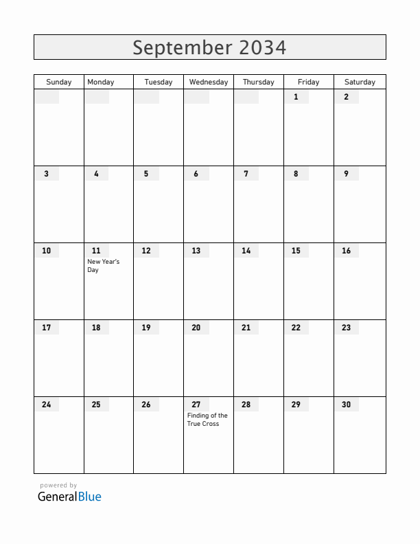 Ethiopia September 2034 Calendar with Holidays